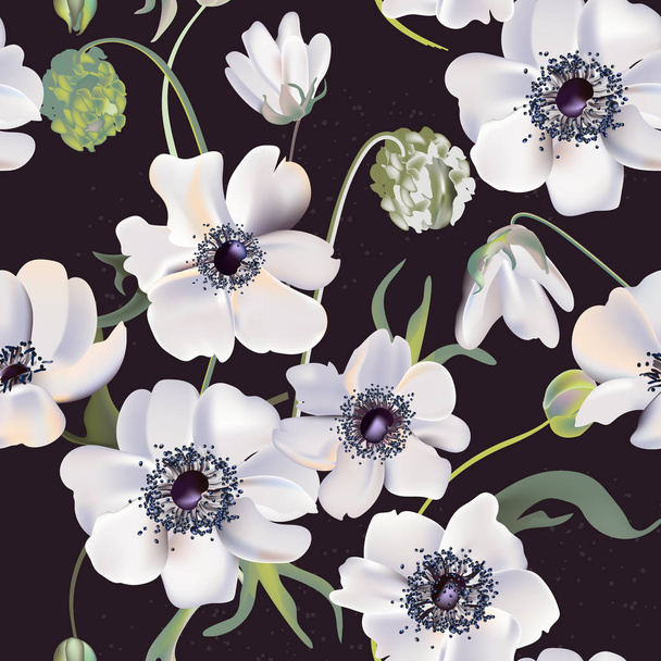 Wedding  anemones floral pastel realisitic pattern, soft tender leaf herbs background. Vintage spring greeting perfect for packaging and covers,  website cover - Vektor, kép