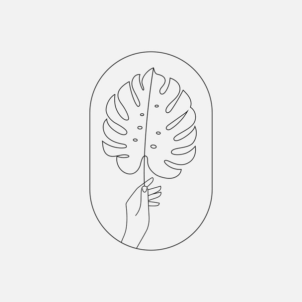 Hand houden monstera blad pictogram, teken, embleem, logo - Vector, afbeelding