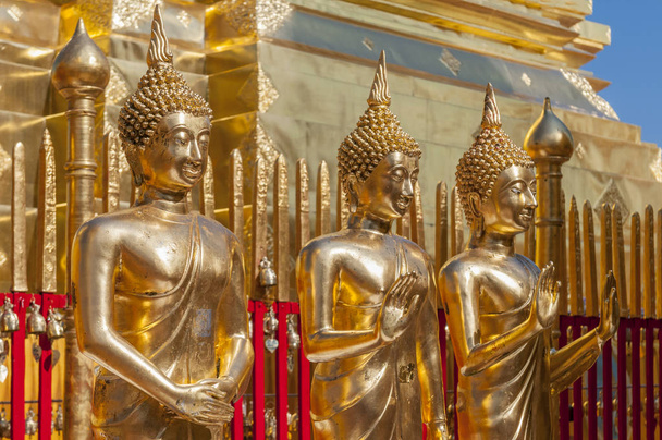 タイ・チェンマイのワット・プラート・ドイ・サップにおける黄金の仏像の列. - 写真・画像