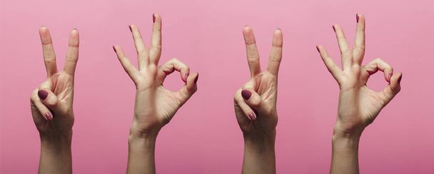 colección de filas horizontales de manos femeninas gesticulando los dígitos del nuevo año 2020 en lenguaje de señas sobre un fondo rosa de color, concepto de año nuevo, idea creativa
 - Foto, Imagen