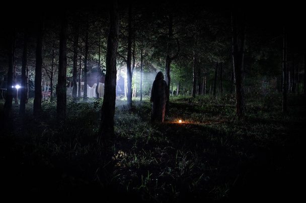 vreemd licht in een donker bos 's nachts. Silhouet van een persoon die met licht in het donkere bos staat. Donkere nacht in het bos in de mist. Surrealistische nacht bos scène. - Foto, afbeelding