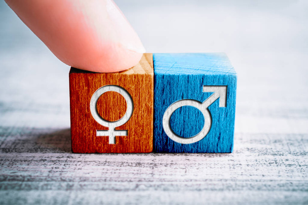 Icono de género para mujer en un bloque de madera organizado por un dedo junto al signo masculino en una mesa
 - Foto, imagen