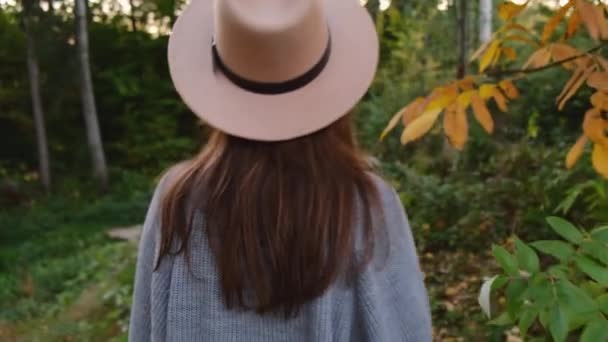 グレーのセーターと帽子の美しい笑顔のブルネットの女性のカメラは秋の公園で落ち葉を保持します。人々、旅行、ライフスタイル - 映像、動画
