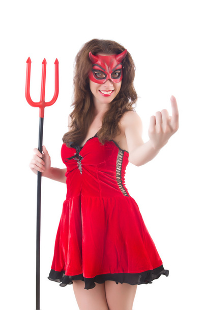 Cadılar Bayramı konseptinde kırmızı şeytan gibi bir kadın - Fotoğraf, Görsel