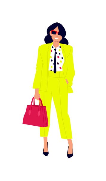 Illustration of a cute girl in a yellow suit. Vector. Woman shopper shopper with purchases. Casual style of dress. Flat style. Image is isolated on a white background. - Vector, Image