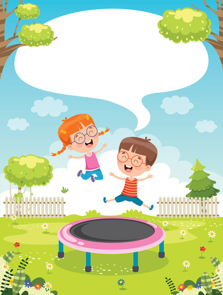 Boldog kis gyerekek játszanak trambulin - Vektor, kép
