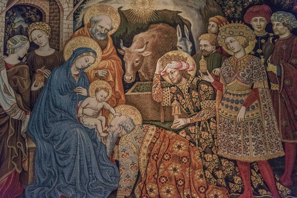 Maryja Dziewica i mędrcy w narodzinach Dzieciątka Jezus, dostarczając dary i czcząc boga dziecka - Zdjęcie, obraz