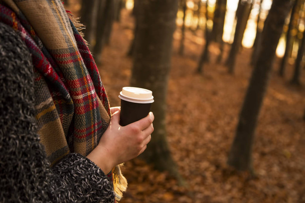 Žena drží kávu jít šálek s útulnou šálu venku na podzim s - Fotografie, Obrázek
