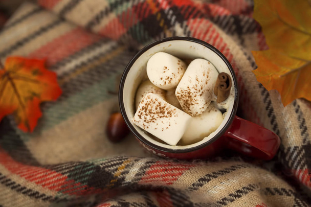 Acogedora manta con taza de chocolate caliente con caramelos de malvavisco
 - Foto, imagen