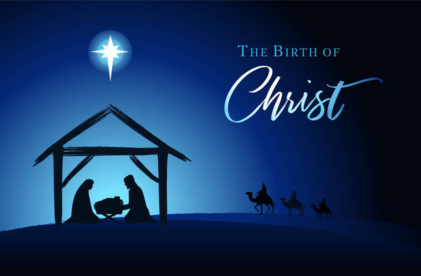 Joulukohtaus Jeesus-vauvasta seimessä Marian ja Joosefin kanssa siluetissa, Betlehemin tähti ja kolme kuningasta kameleilla. Christian Nativity tekstin kanssa Kristuksen syntymä, vektori banneri
 - Vektori, kuva