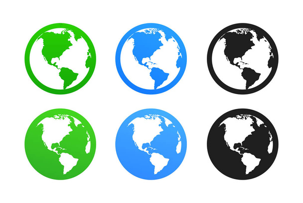 Zestaw ikon Ziemi, World Globes zielone, niebieskie i czarne kolory izolowane na białym - Ikona wektorowa ilustracji dla Travel Company, dekoracji produktów Eco lub zastosowań logistycznych. - Wektor, obraz