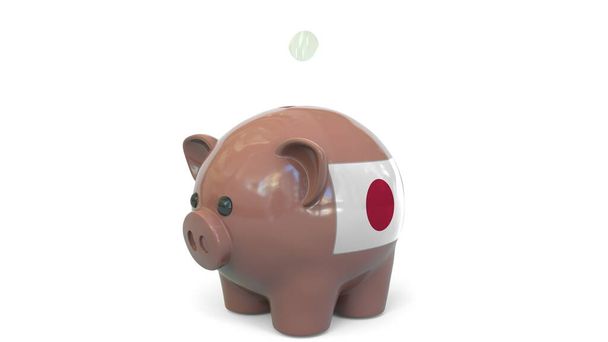 Putting money into piggy bank with flag of Japan. Tax system system or savings related conceptual 3D rendering - Photo, Image