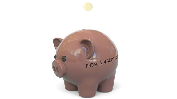 Money fall into piggy bank with FOR A VACATION text. Savings related 3D rendering - Photo, Image