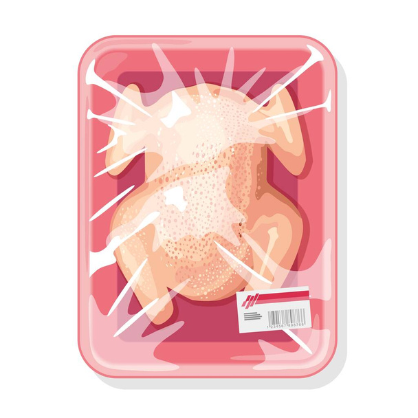 Pollo entero en bandeja rosa desechable envuelto en película adhesiva transparente
. - Vector, imagen