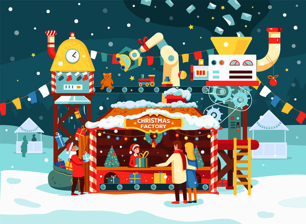 Christmas gift factory with toys, presents on conveyor. Letters to Santa Claus turn into gifts. - Vector, Image