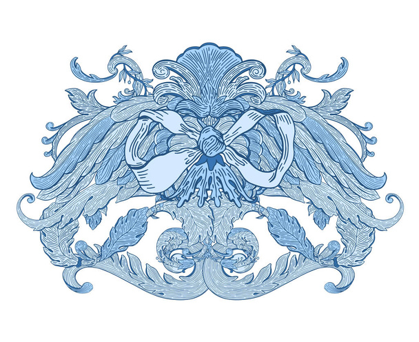  Декоративний елемент дизайну бароко синього кольору. Вінтажний квітковий ві
 - Вектор, зображення