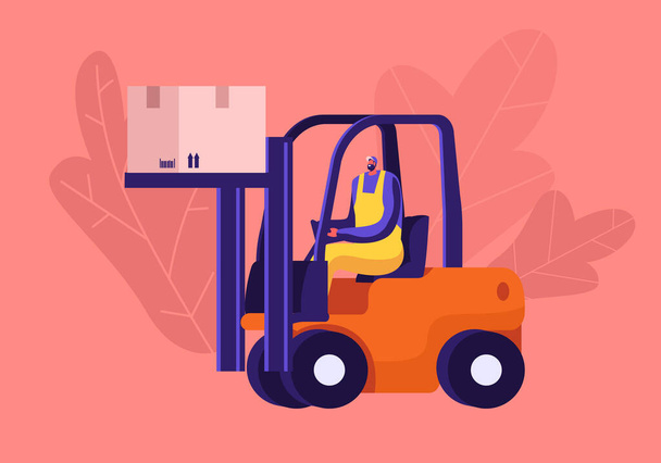 Worker Lifting Cargo on Forklift Machine in Warehouse. Freight Shipping and Logistics Concept. Employee in Uniform - Vector, Image