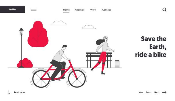 Website Landing Page. Man Cyclist Riding Bike Woman on Rollers Outdoors in Summer Day at City Park. Bicycle - Vector, afbeelding