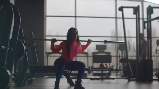 The woman squats with barbell in gym - Footage, Video