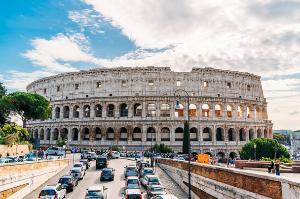 Rome, Italy - October 2019 : Coliseum or Colosseum or Flavian Amphitheatre exterior, close up, Rome, Italy - Zdjęcie, obraz