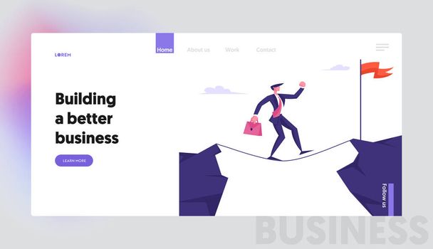 Business Risk Challenge Concentration Website Landing Page. Businessman Walking on Rope Over Precipice - Vector, Image
