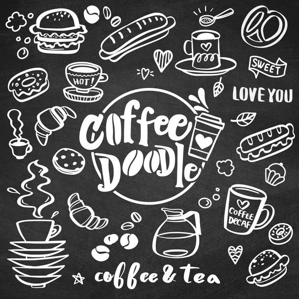 かわいい落書きコーヒーショップのアイコン。ベクトルアウトラインコーヒーと紅茶ドラ - ベクター画像
