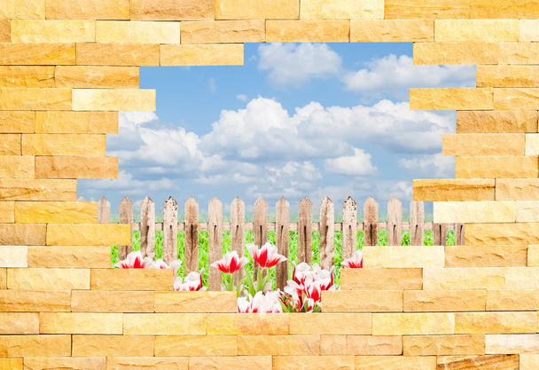 Bater parede de tijolo com bela paisagem behi
 - Foto, Imagem