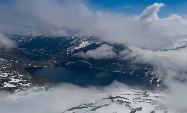 Panorama of the lake Djupvatnet on the road to mount Dalsnibba in Norway. Aerial drone shot in july 2019 - Photo, Image