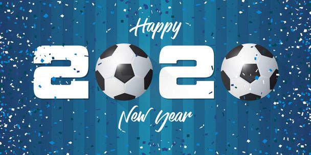 Feliz Año Nuevo 2020 bandera con pelota de fútbol y confeti de papel en el fondo del campo de fútbol. Diseño de plantilla de banner para la decoración de Año Nuevo en fútbol o concepto de fútbol. Vector
. - Vector, imagen