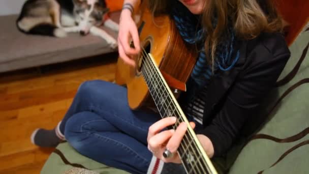 Дівчина грає на гітарі у вітальні
.  - Кадри, відео