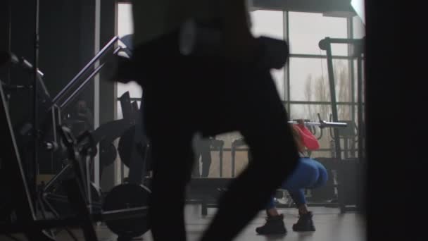 The young woman is doing squats in fitness center - Footage, Video