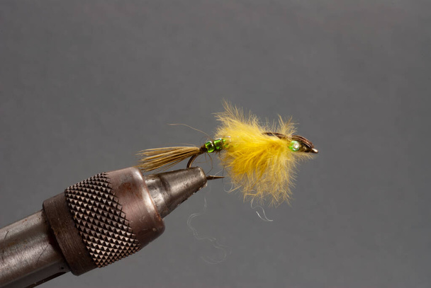 Gros plan d'une mouche à addis jaune sur un crochet
 - Photo, image