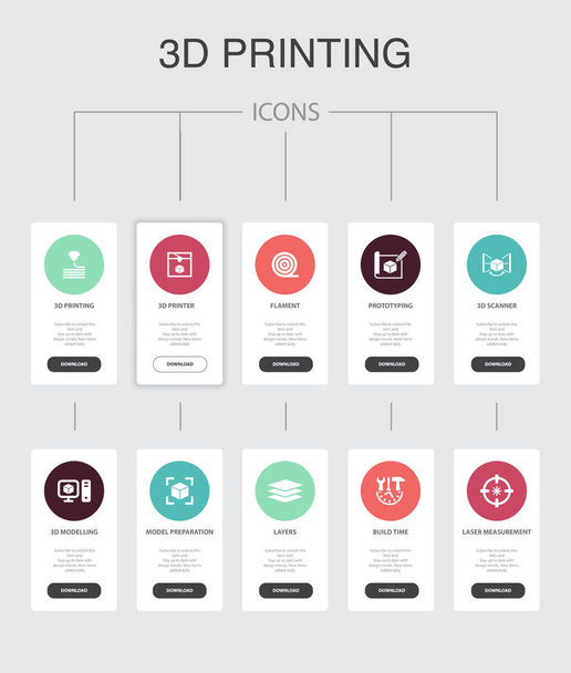 3d printing Infographic 10 steps UI design.3d printer, filament, prototyping, model preparation simple icons - Vector, Image