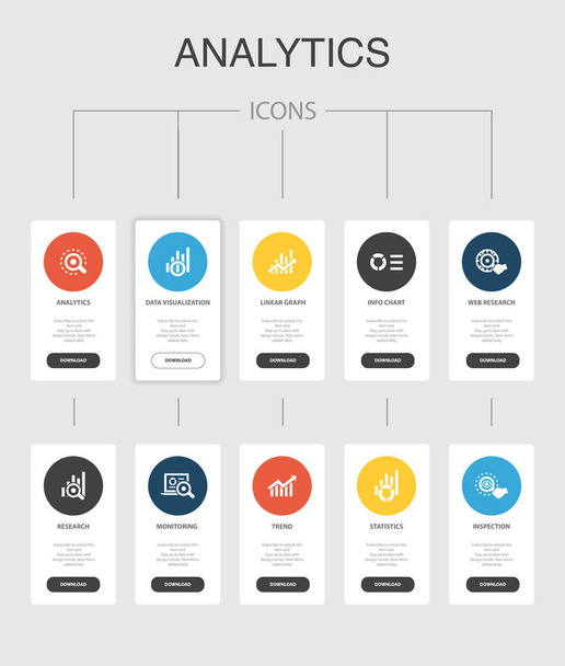 analytics Infographic 10 steps UI design.linear graph, web research, trend, monitoring simple icons - Vector, Image