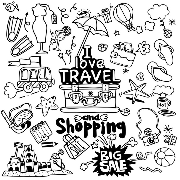ich liebe reisen und einkaufen, vektorillustration von reisekritzeleien - Vektor, Bild