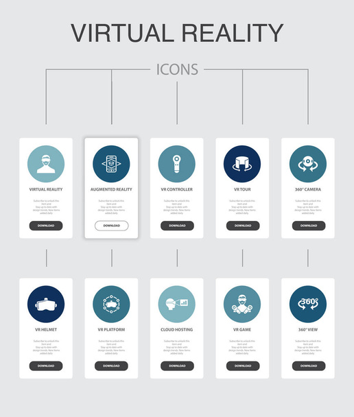 virtual reality Infographic 10 steps UI design.VR helmet, Augmented reality, 360 view, VR controller simple icons - ベクター画像