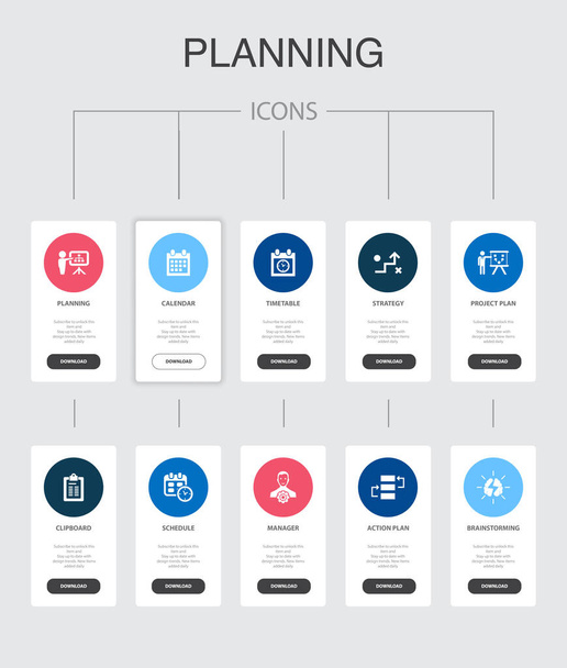 pianificazione Infografica 10 passi UI design.calendar, calendario, orario, Piano d'azione icone semplici
 - Vettoriali, immagini