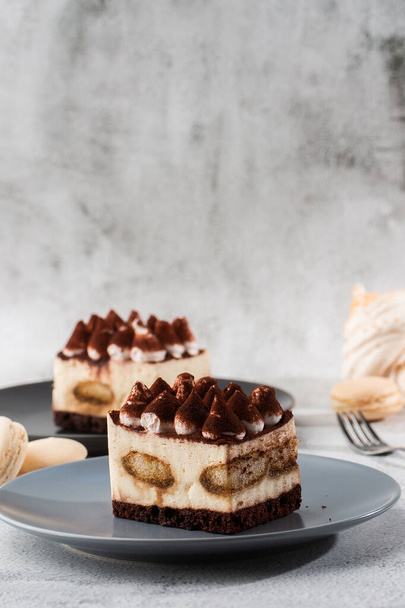 Tiramisu - Classical dessert with mascarpone and coffee. Delicious Tiramisu cake on a darck plate on a light marble background. Vertical photo. - Photo, image