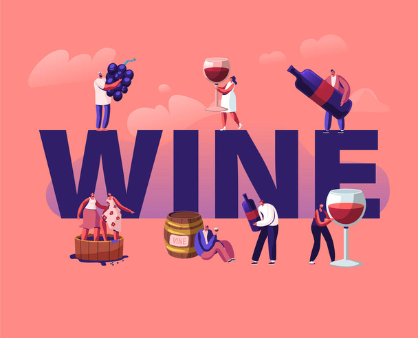 Wijn produceren en drinken Concept. mannelijke en vrouwelijke karakters met fles en glas groeien biologische druiven produceren - Vector, afbeelding