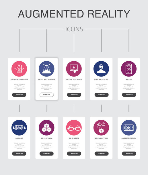 Realidade aumentada Infográfico 10 passos UI design.Facial Recognition, aplicativo AR, jogo AR, Virtual Reality ícones simples
 - Vetor, Imagem