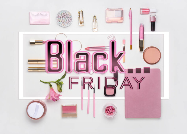 Set of decorative cosmetics and accessories on white background. Black Friday sale - Photo, Image