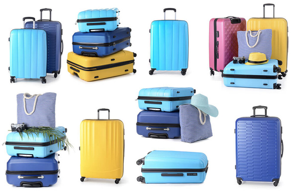 Set of different suitcases on white background - 写真・画像