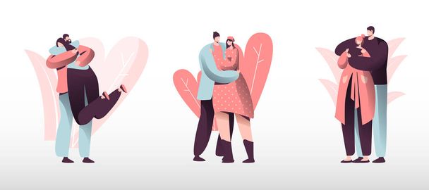 Loving Couples Set. Young Heterosexual People in Love Spend Time Together, Man and Woman Walking Outdoors, Hugging - Vector, Image