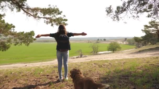 Sırt çantalı bir kadın gezgin ve bir köpek kollarını yana açıp özgürlüğün tadını çıkarıyor. Köpek yetiştiricisi sevgili köpeğiyle yürür. Kız dışarıda meditasyon yapıyor.. - Video, Çekim