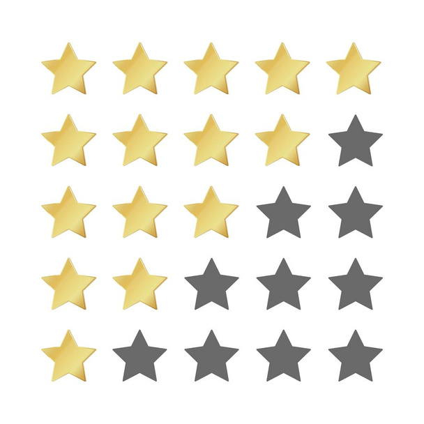 Five gold stars rating. 5 star realistic leadership symbol. Glossy yellow winner champion rating. Vector illustration - ベクター画像