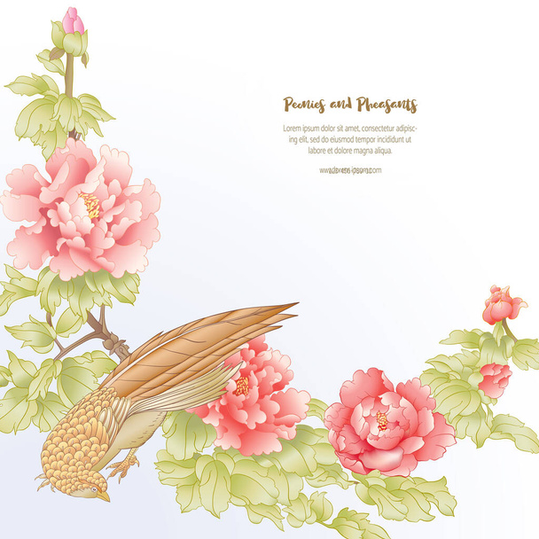 Pfingstrosenzweig mit Blumen mit Fasanen - Vektor, Bild