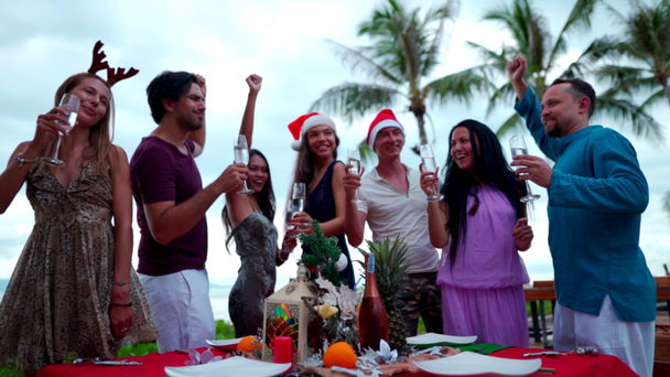 Skupina šťastných lidí smíšené rasy přátel slaví Vánoce a Nový rok - Záběry, video