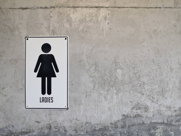 茶色のタイルの壁に女性のバスルームのサイン女性のトイレのサイン. - 写真・画像