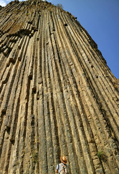 Hombre mirando hasta 50 metros de altura increíbles columnas de basalto conocido como Sinfonía de Piedras en la garganta de Garni, Armenia
 - Foto, Imagen
