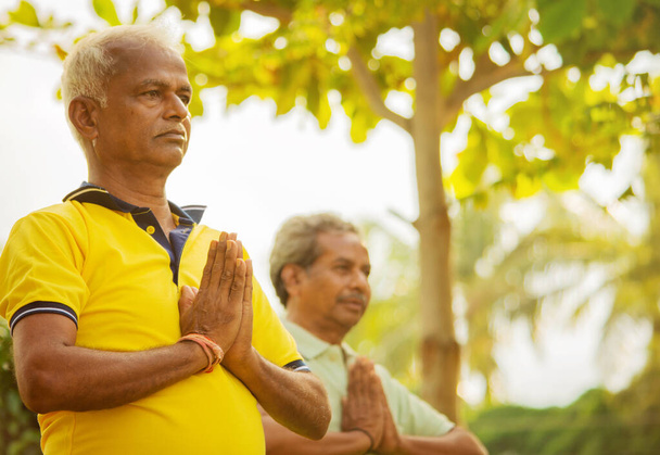 Focus selettivo sugli anziani mani che praticano yoga semplice - fitness, sport, yoga e stile di vita sano - Due uomini anziani con postura namaste al parco all'aperto
. - Foto, immagini